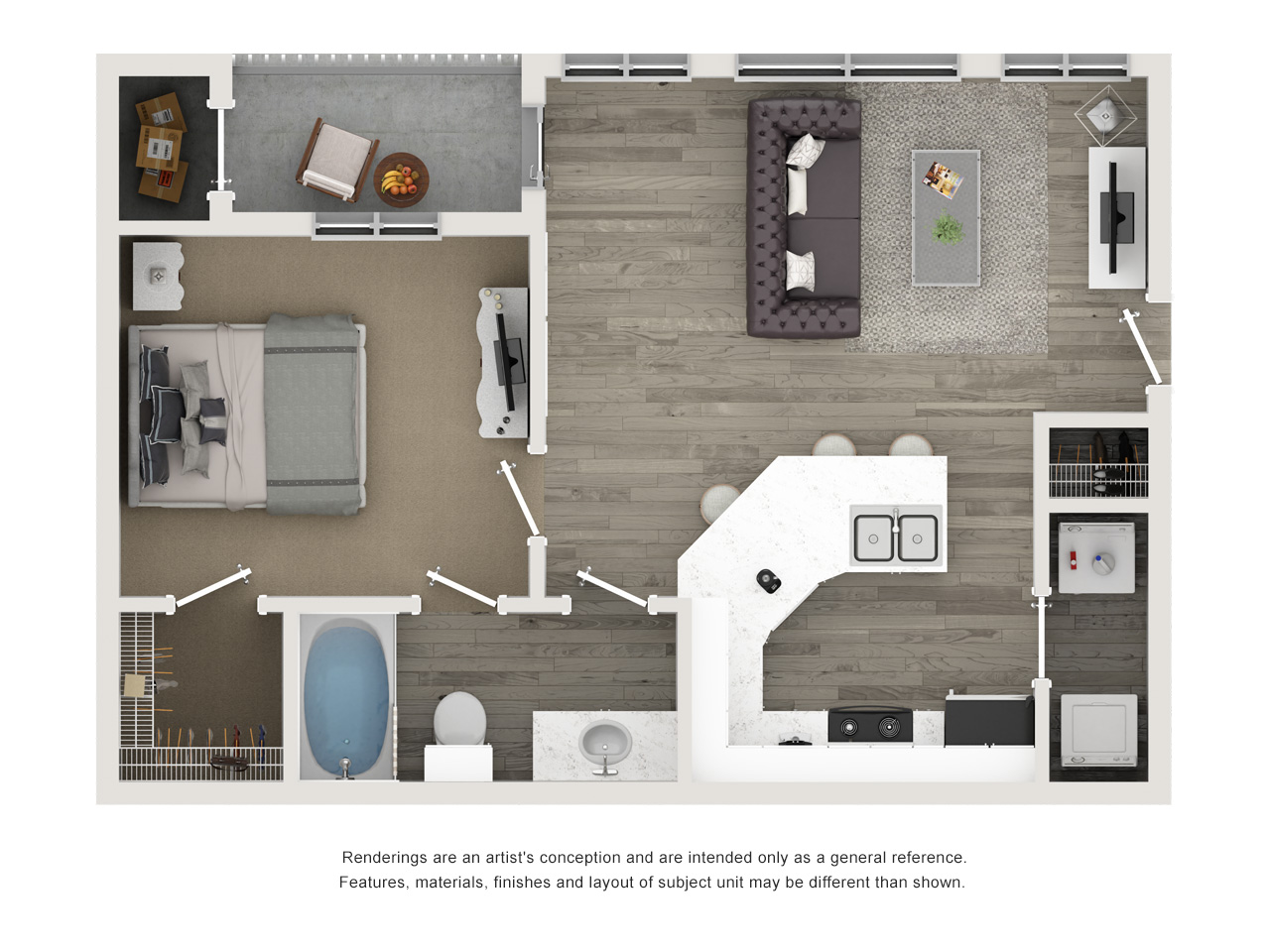 one bed one bath 629 square foot floor plan
