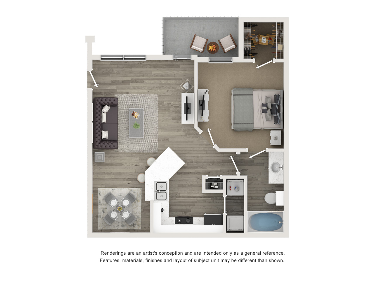 one bed one bath 749 square foot floor plan